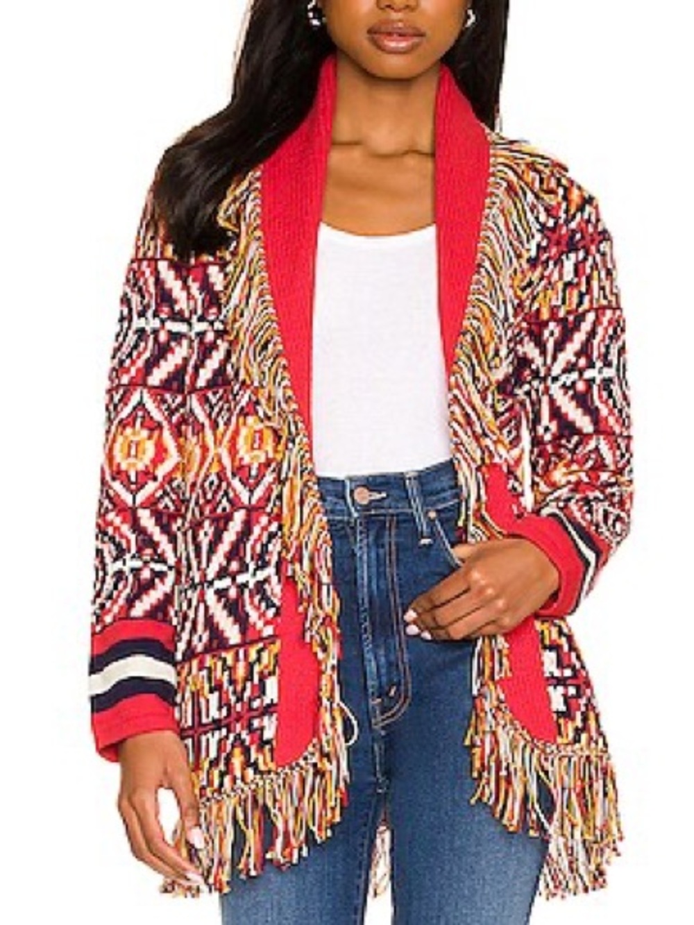 Mother Belted Short Cardigan Sweater Bass Culture Fringe Trim Red Cotton Size XS